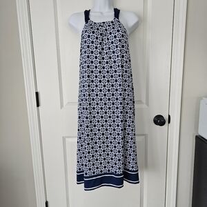 Mud Pie Women's Navy and White Patterned Sleeveless Dress | Size L